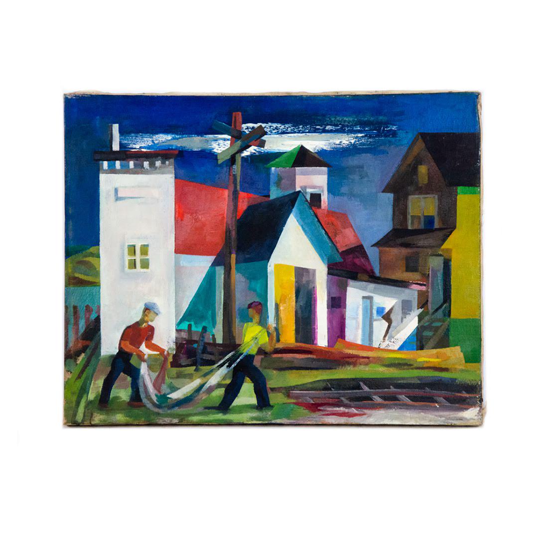 Cubist Oil on Canvas by Howard Mandel: A vintage cubist oil on canvas painting by Howard Mandel. This work depicts a pair of fisherman bringing a net of freshly caught fish in from the shore. In the background are a pair of large houses. T