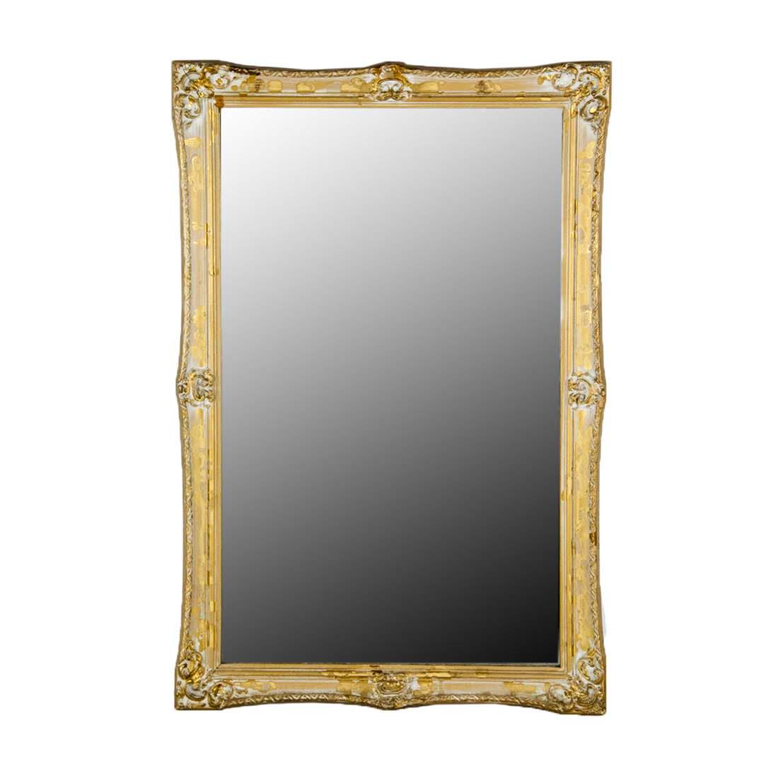 Antique Carved Giltwood Mirror: An antique mirror. This piece features a carved giltwood frame with scrolling designs at each corner and along the edge. It is unmarked and equipped with a wire on the verso for hanging. Condition: We