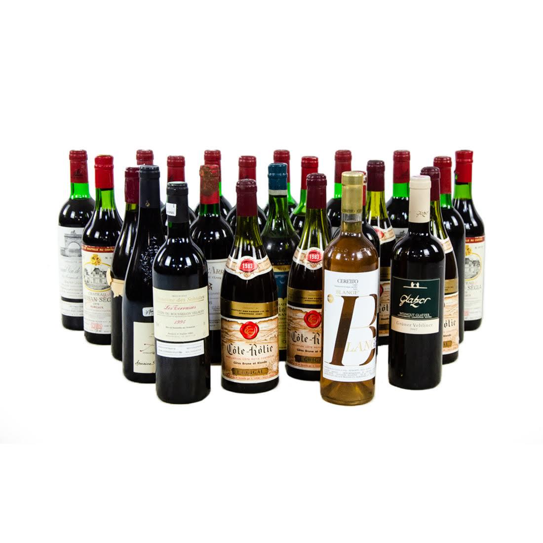 Collection of Vintage Wine: A collection of vintage wine. This lot includes 24 bottles. Condition: Wear consistent with age and history. Condition unknown. Dimensions: various
