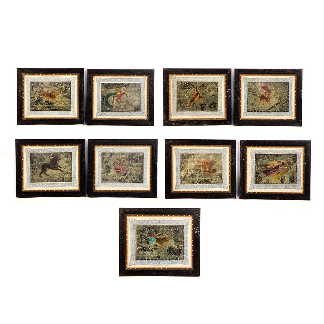 Set of Astrology Offset Lithographs - The Heavens: A set of nine vintage astrology offset lithographs after "The Heavens Illustrated". Each piece features a depiction of a zodiac constellation, including Aries, Aquarius, Leo, Gemini, Scorpio, Sagittar
