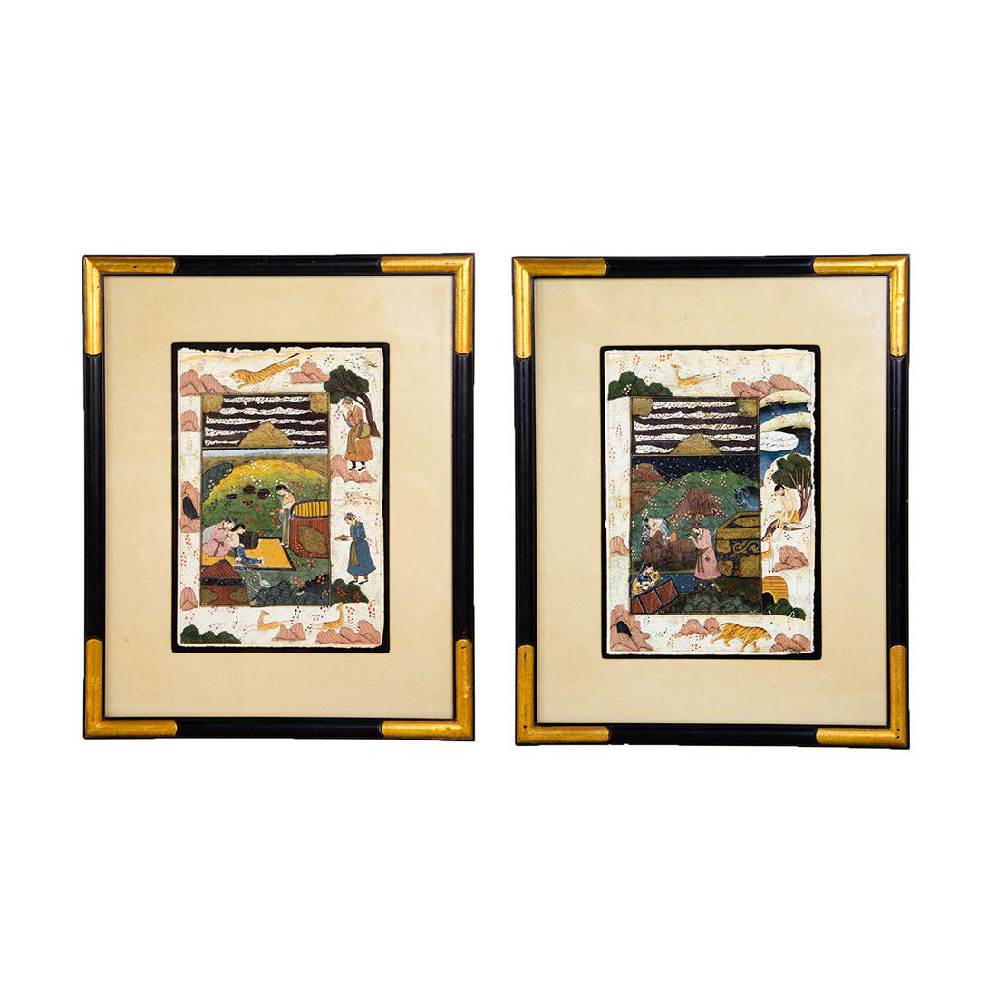 Antique Persian Gouache on Paper Paintings: A pair of antique Persian gouache on paper paintings. Each work depicts a Persian allegorical scene with accompanying script. Each is presented in a black parcel gilt frame with a wire on the verso fo