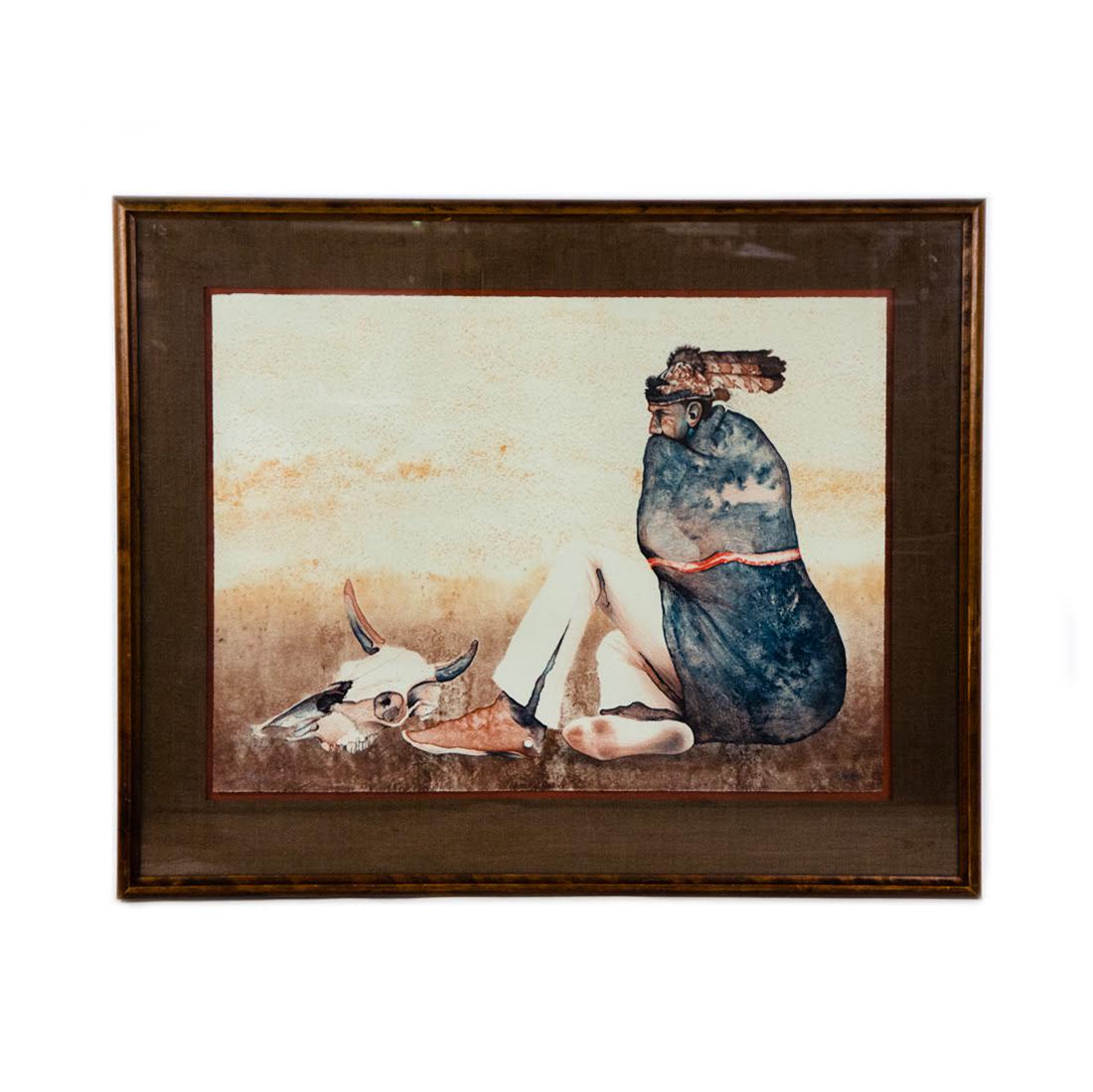 Chromolithograph on Paper by Ed Singer - 45/50: A chromolithograph on paper by Ed Signer. This work depicts a Native American man seated on the ground with a bull's skull at his feet. He is dressed in a blue robe, white pants, leather shoes, and a 
