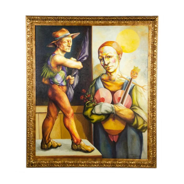 1976 Oil on Canvas "Of Clowns..." by J. Robinson: A 1976 oil on canvas painting by J. Robinson titled "Of Clowns and Demons". This work depicts a pair of clowns, one large and one small. The large clown is leaned up against a wall while holding a gro