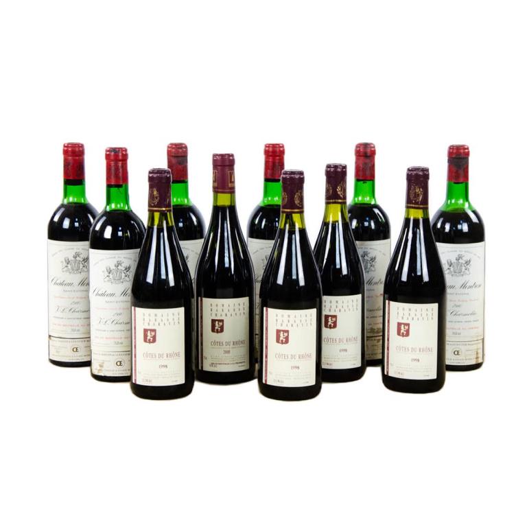 Group of 11 Wine Bottles Including Chateau Montrose: Group of 11 full wine bottles including six Chateau Montrose Saint-Estephe France wines 1980 and five Cotes du Rhone France 1988. Sold AS-IS condition unknown.