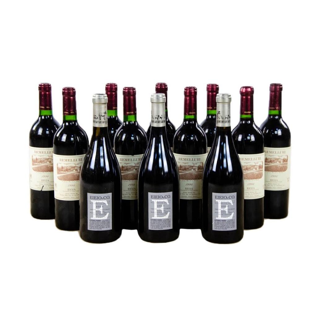 Group of 12 Wine Bottles Including Remelluri Rioja: Group of 12 full wine bottles including 9 Remelluri Rioja Spain wines from 1994 and 3 Eieio & Co. Pinot Noir Oregon, USA wines from 2004. Sold as is with condition unknown.