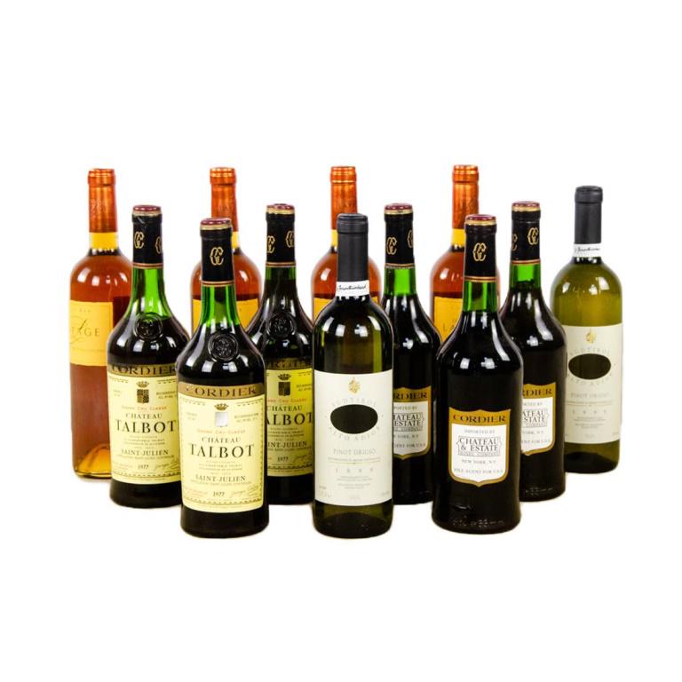 Group of 12 Wine Bottles Including Cordier Chateau: Group of 12 full wine bottles including six Cordier Chateau Talbot Red Bordeaux 1977, four Domaine Lafage Cote Est 2004, and two Sudtirol Alto Adige Pinot Grigio 1999. Sold AS-IS condition unknown.