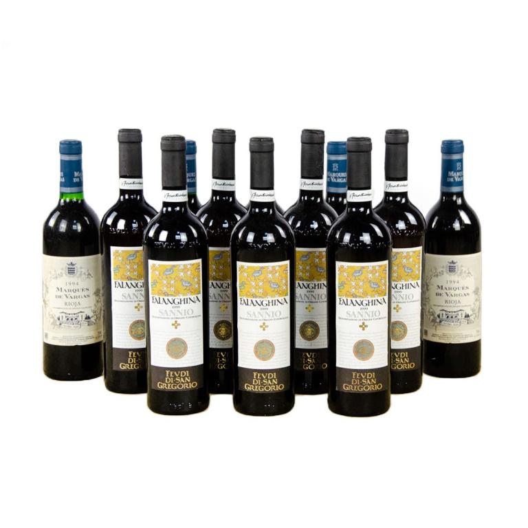 Group of 12 Wine Bottles Including Marques De Vargas: Group of 12 full bottles including 5 Marques De Vargas Spain wines from 1994 and 7 Falanghina Sannio Italy wines from 1999. Sold as is with condition unknown.