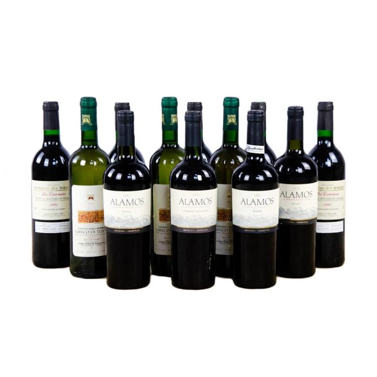 Group of 12 Wine Bottles Including Domaine des Schistas: Group of 12 full wine bottles including 5 Domaine des Schistas France Red Table Wine from 1994, 3 Greco Di Tufo Italy wines from 1997, 4 Alamos Malbec Argentina wines from 1999 and 2001. Sold as is wi