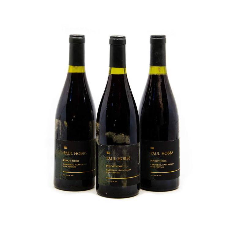 Paul Hobbs Pinot Noir Carneros Napa Valley Hyde: Three unopened bottle of Paul Hobbs Pinot Noir Carneros Napa Valley Hyde Vineyard 1999. From a single owner collection, removed from a temperature and humidity controlled wine cellar. Labels have mold