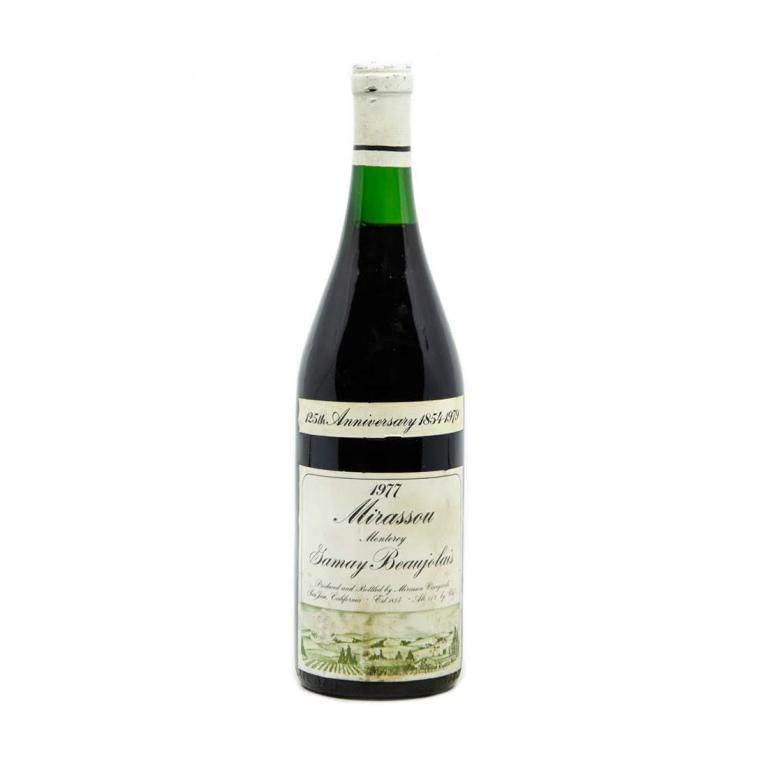 Mirassou Monterey Gamay Beaujolais 125th Anniversary: An unopened 750ml bottle of Mirassou Monterey Gamay Beaujolais 125th Anniversary 1854-1979 1977. From a single owner collection, removed from a temperature and humidity controlled wine cellar.