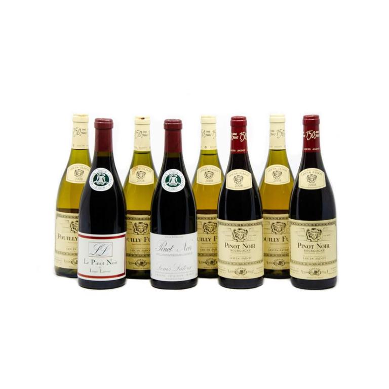 Group Of Wines Including Louis Jadot Pouilly Fuisse: A group of 8 unopened wine bottles including Louis Jadot Pouilly Fuisse France 2008 (4 bottles), Louis Jadot Pinot Noir France 2008 (2 bottles), and Maison Louis Latour Pinot Noir (2006 and 2007). Fro