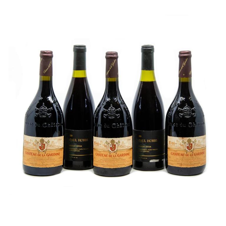 Chateau De La Gardine 1999, Paul Hobbs Pinot Noir 1999: A group of 5 unopened wine bottles including Chateau De La Gardine 1999 (3 bottles) and Paul Hobbs Pinot Noir 1999 (2 bottles). From a single owner collection, removed from a temperature and humidity 