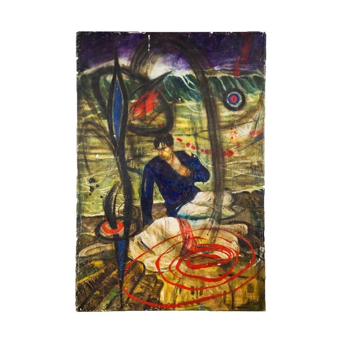 Abstract Oil Painting of Man and Woman on Canvas: An abstract oil painting of a man sitting up and woman lying down on canvas. Signed in lower right by artist R. Kitchen, 1984.