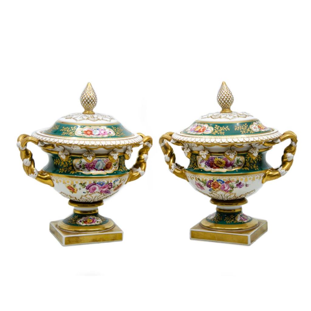 Pair of Old Warwick Gilded Gold and Emerald Green Urns (1 of 19)