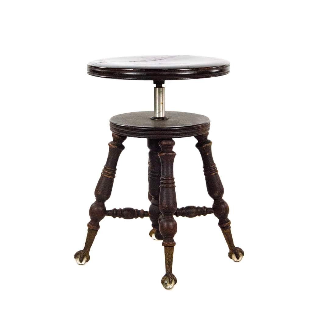 Dark Maple Piano Seat with Glass Ball Claw Feet: Dark maple piano seat with glass ball claw feet. The seat has been repaired.