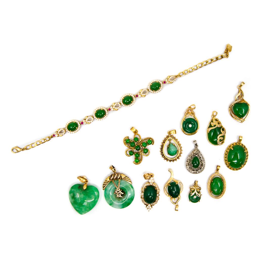 Group of Chinese Green Stone Jewelry: A group of various Chinese jewelry pieces including various green stone possible quartz or jadeite in gold and silver settings. Untested.
