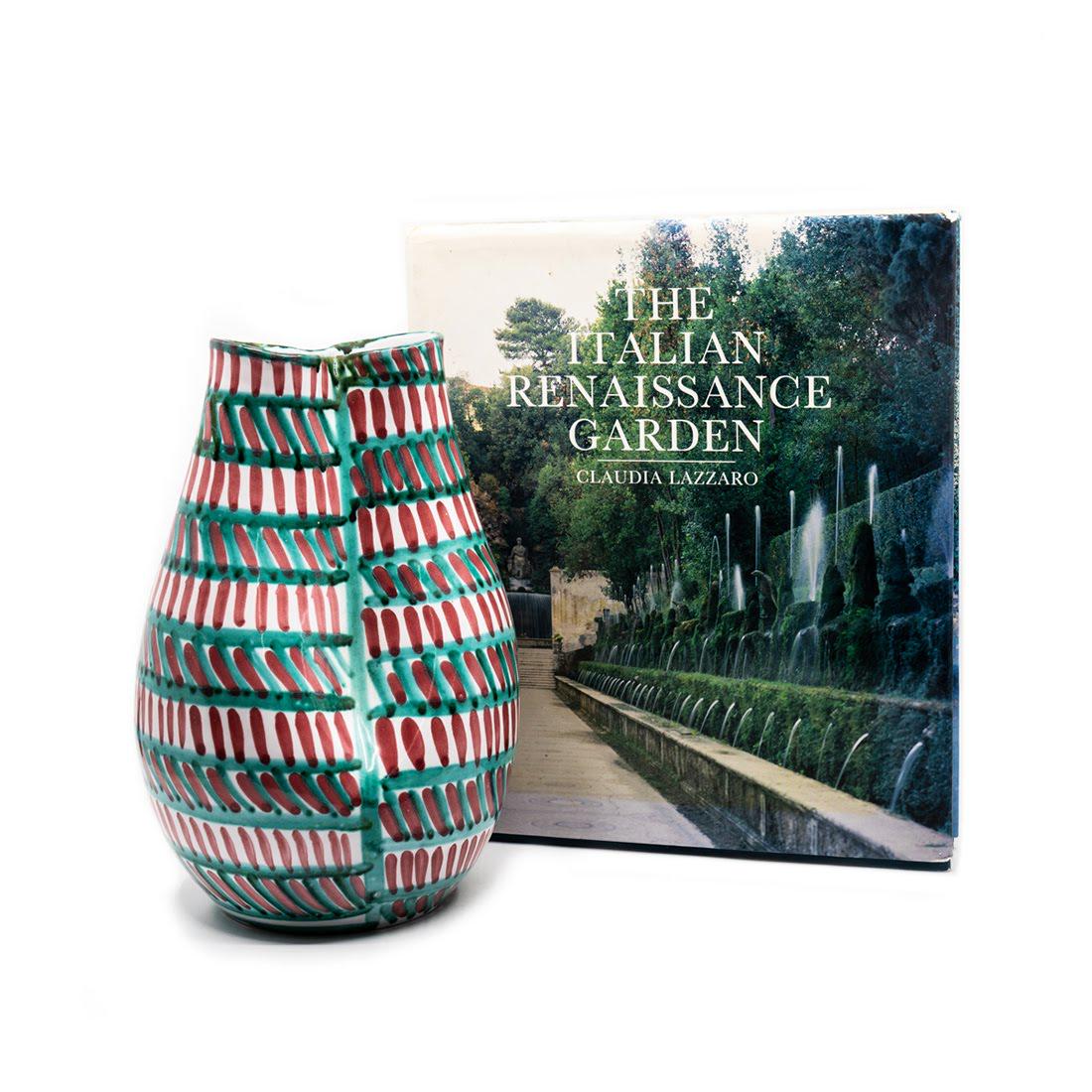The Italian Renaissance Garden Book and Vase: Group of two items: The Italian Renaissance Garden Book Â©1990; the pink and green striped hand painted bulbous vase with a figure 8 opening. The vase is marked â€œItaly” and signed on the