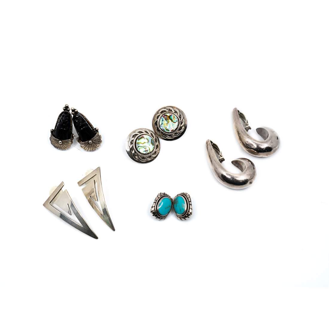 Collection of Sterling Earrings: Collection of five pairs of sterling silver earrings including other turquoise, onyx, and labradorite