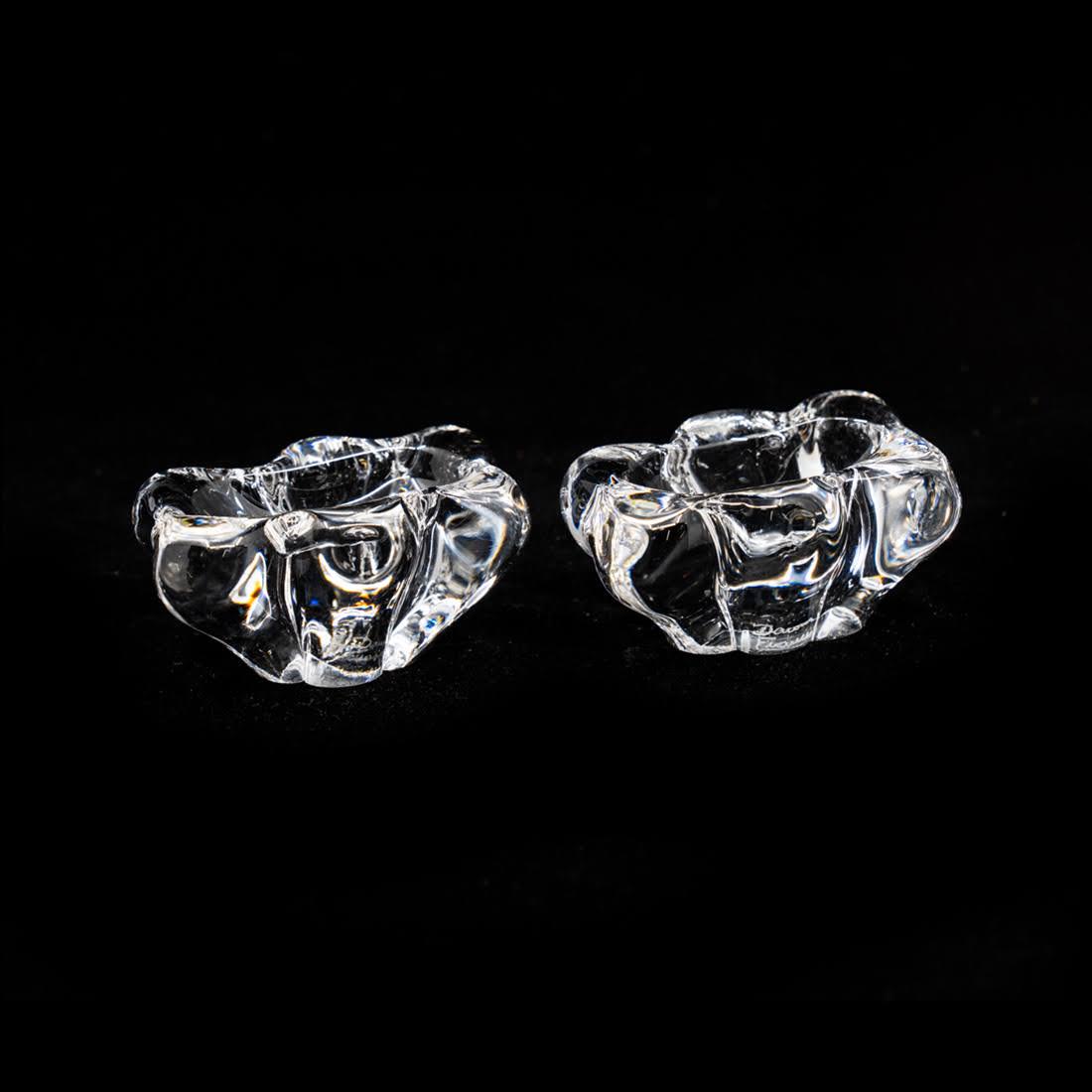 Pair of Daum France Crystal Salt and Pepper Open Pinch: Pair of Daum France crystal salt & pepper open pinch dip cellars in an elongated floral shape with thick rims. Excellent condition with no scratches or marks. The cellars are signed on the bottom â��