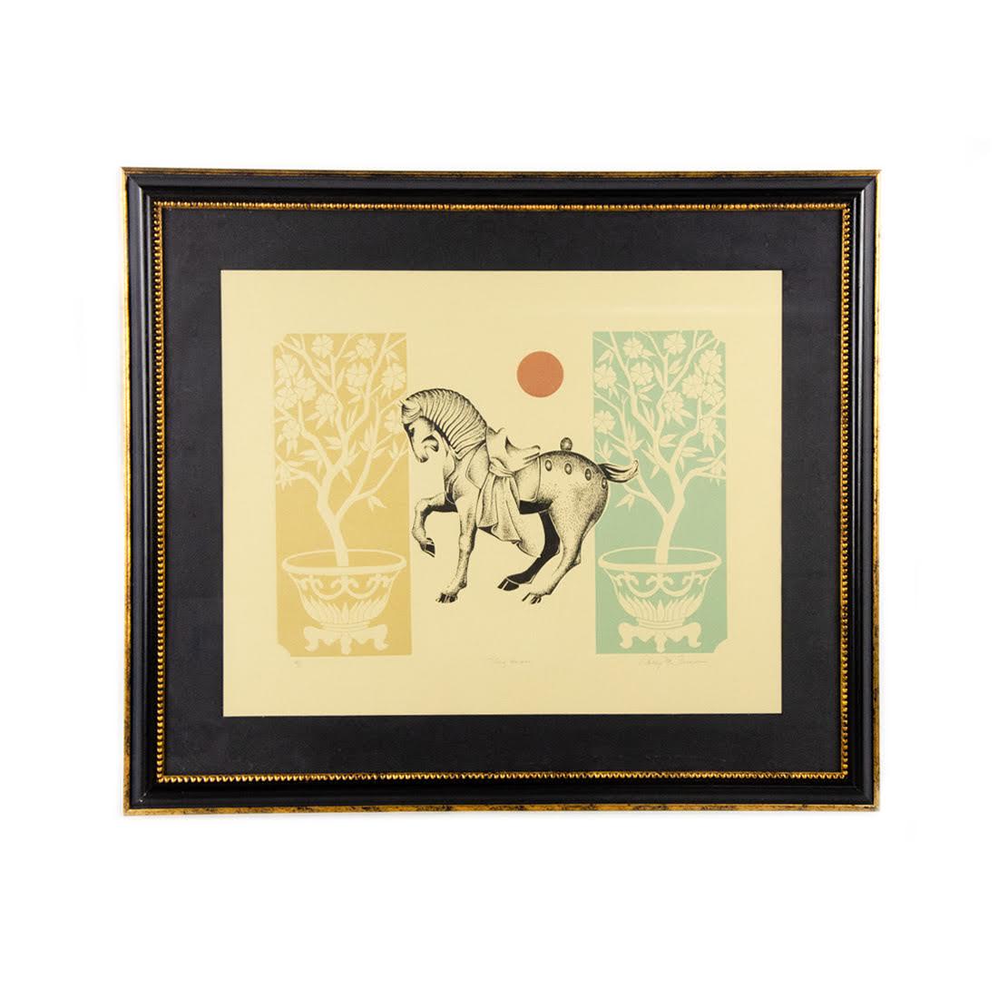 Original Lithograph Tang Horse by Phillip M Iman: An Artist Proof lithograph print titled "Tang Horse" by artist Philip M Iman. It is penciled signed, titled, and marked AP. It is housed behing glass in frame.