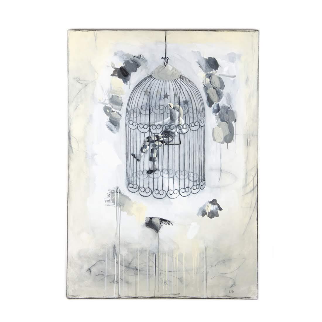 Original Acryclic on Board by Scott J Dupree: An original acrylic on board depicting a birdman happily swinging in his cage signed by artist SJD.