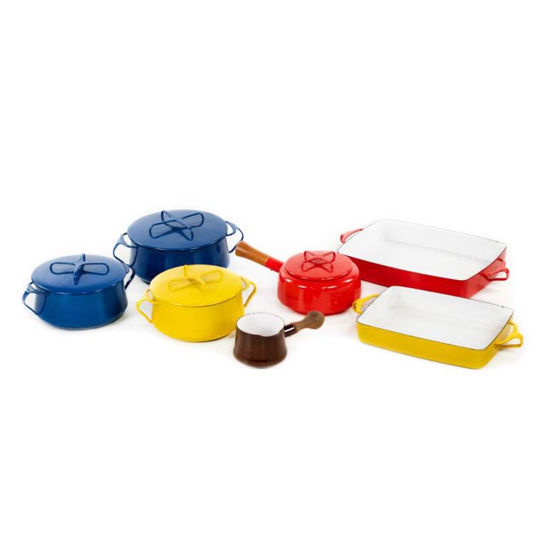 MCM Group of 7 Dansk French Enameled Cast Iron Cookware: Mid Century Modern group of seven enameled cast iron cookware pieces manufactured by Dansk (France). Includes two blue enameled dutch ovens, one yellow dutch oven, one red casserole, one yellow casser