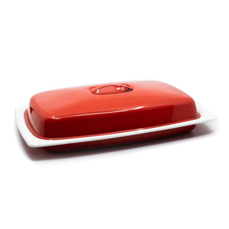 MCM Finel Kaj Franck Large Red Enameled Cast Iron: Mid Century Modern "Finel" Kaj Franck (Finland) large red enameled cast iron rectangular casserole with lid. White interior. Measures 4.5" x 17" x 9.5"