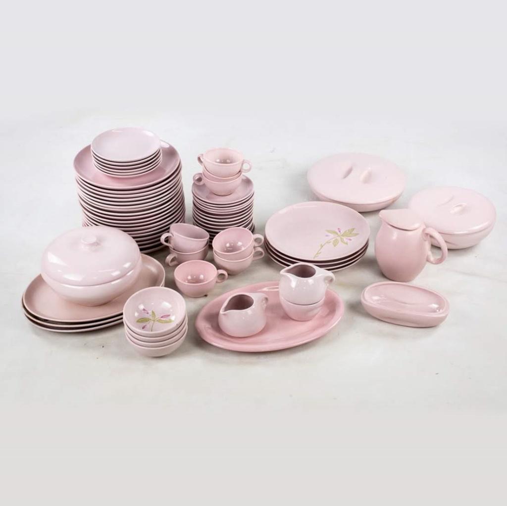 73 Pcs Casual Pink Sherbet Iroquois by Russel Wright: Mid Century Modern seventy three piece Casual Pink Iroquois dining set by Russel Wright. Four plates and four bowls are decorated with a floral design. Labeled "Gay Wings" on back. Large plate // Smal