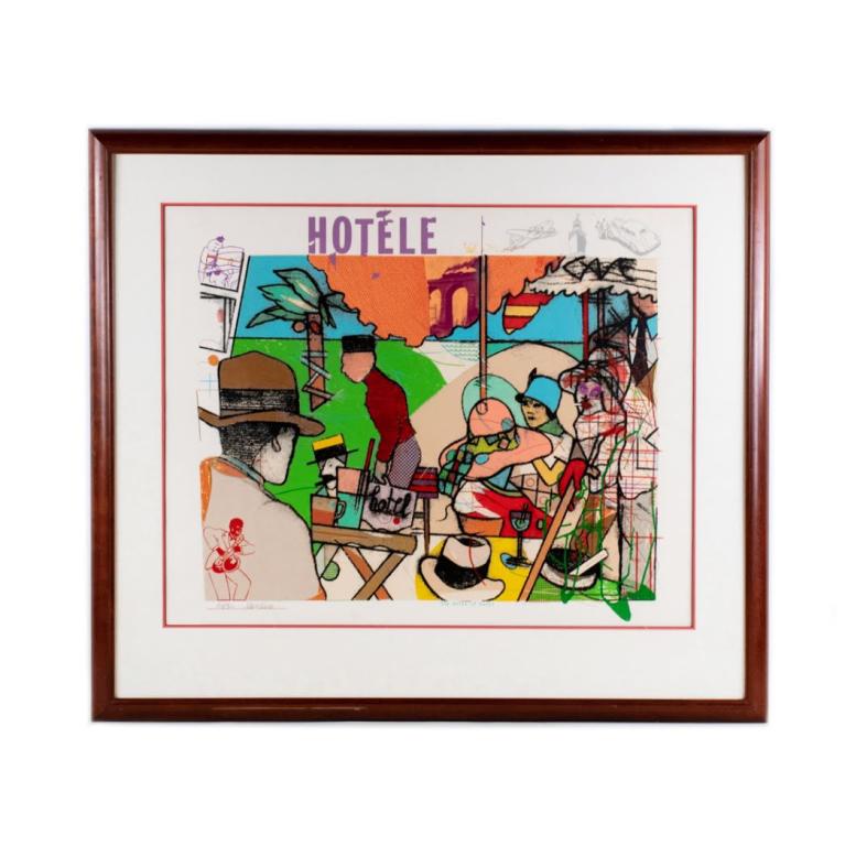Limited Silkscreen print Smile of Garbo by Richard: Original vintage signed silkscreen print by Richard Merkin (American, 1938-2009). Titled "The Smile of Garbo" No. 49 of 150. Signed and numbered lower left. Housed in wooden frame behind glass and mat