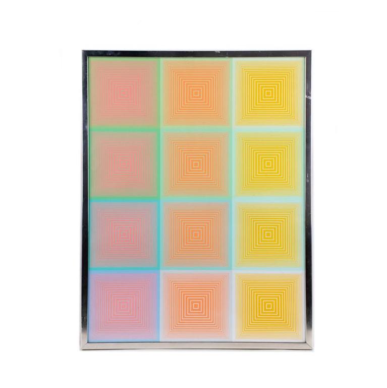 Framed Poster Op Art Print att to Richard Anuszkiewicz: A poster print attributed to the geometric abstract works of Richard Anuszkiewicz. Characteristic by the artist's use of lines, full illusion of depth, movement, and three-dimensionality. It is framed
