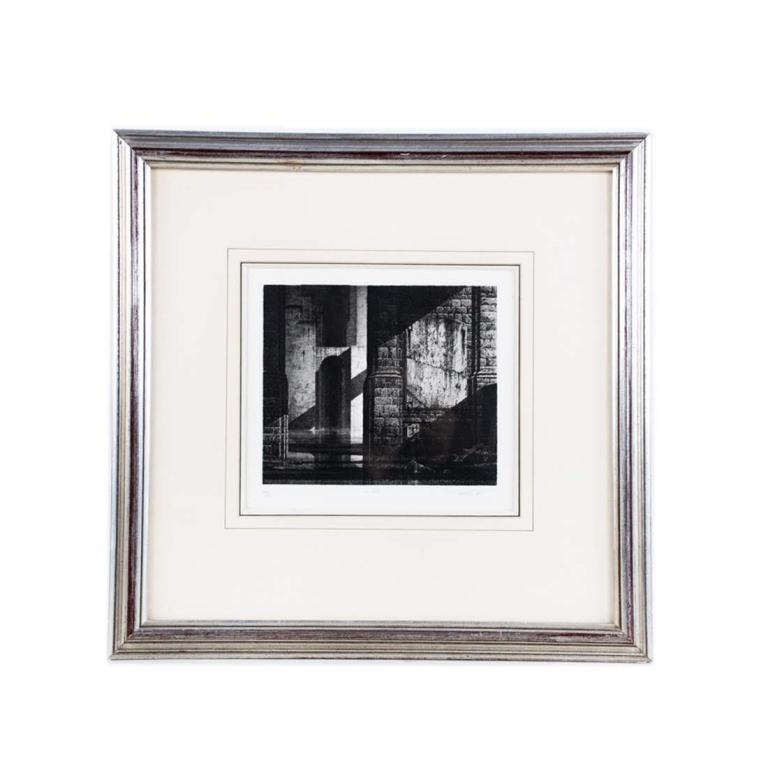 Limited Le Heros Etching by G. Trigner: Limited edition etching by G. Trigner. Titled, "Le Heros". No. 44/80. Signed, numbered, and dated at bottom in pencil. Housed in silver frame behind glass and matting. Visible field measures 8.5" x 9"