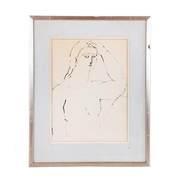 Nude Drawing After Matisse: Framed nude drawing on paper in the manner of Henri Matisse. Housed in frame behind glass with linen matting. Measures 19" x 15.25".
