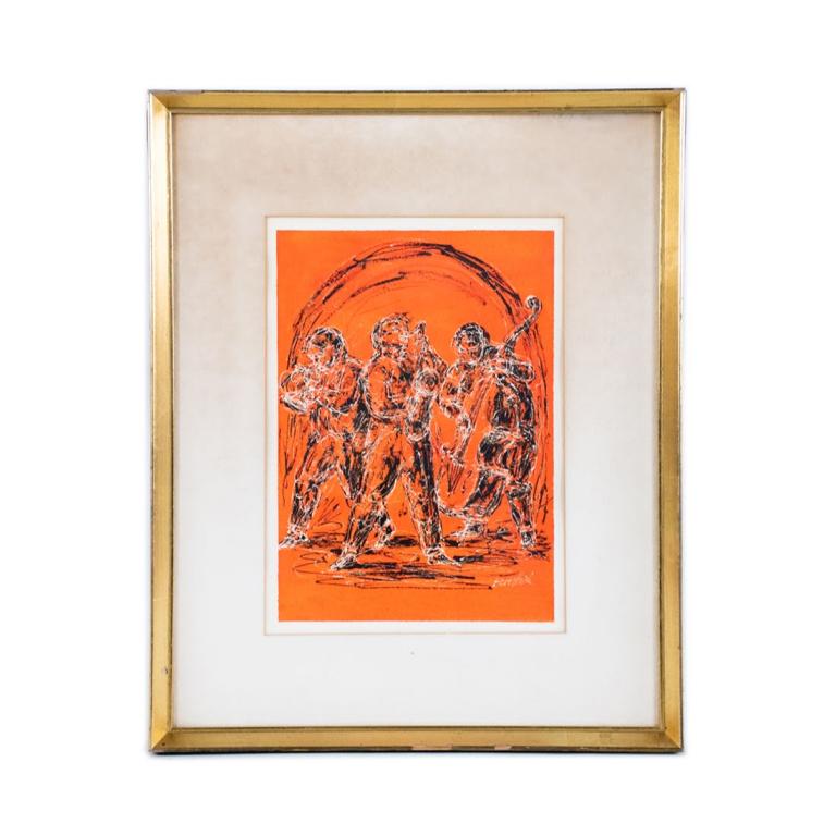 Jazz Trio Chromolithograph by Charles Burdick: Orange, white, and black chromolithograph of jazz band trio. Signed in plate. Housed in gold frame and matted behind glass. Measures 15.75" x 12.75"