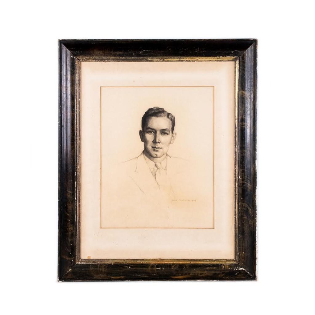 Portrait Sketch by Jane Coventry: Original graphite sketch of Jerry Watland by Jane Coventry. Signed and dated in pencil. Housed in frame behind glass and matting. Measures 28" x 23".