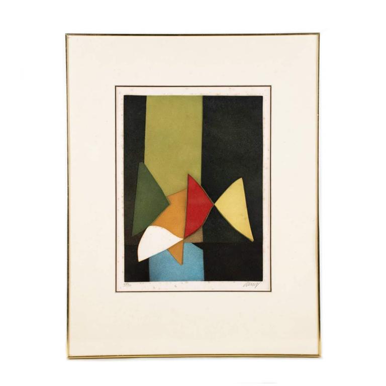 Original Color Intaglio by Downy Bertrand: Original Color Intaglio by Dorny Bertrand. Titled, "City Lights". Signed and numbered 37/50 in pencil. Housed in frame behind glass and matting. Good impression. Original gallery label attached to bac