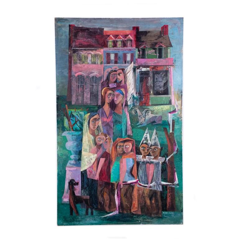 Cubist Casein on Board by Howard Mandel: A vintage cubist casein on board painting by award winning artist, Howard Mandel. Titled, "Masquerade," This work depicts a small crowd of people in costume with a dog appearing in the lower left fore