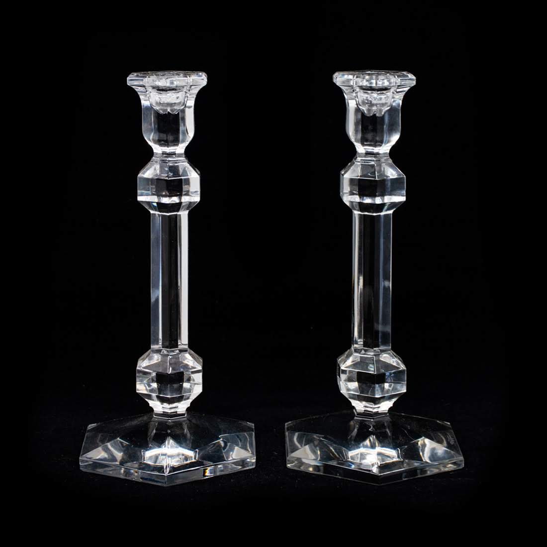 Group of 2 Val St Lambert Gardenia Style Crystal: Group of two Val St. Lambert (Belgium) "Gardenia" design crystal candlestick holders. Val St Lambert hand etched in the base of each piece. Measures 9.5" x 4" x 4".