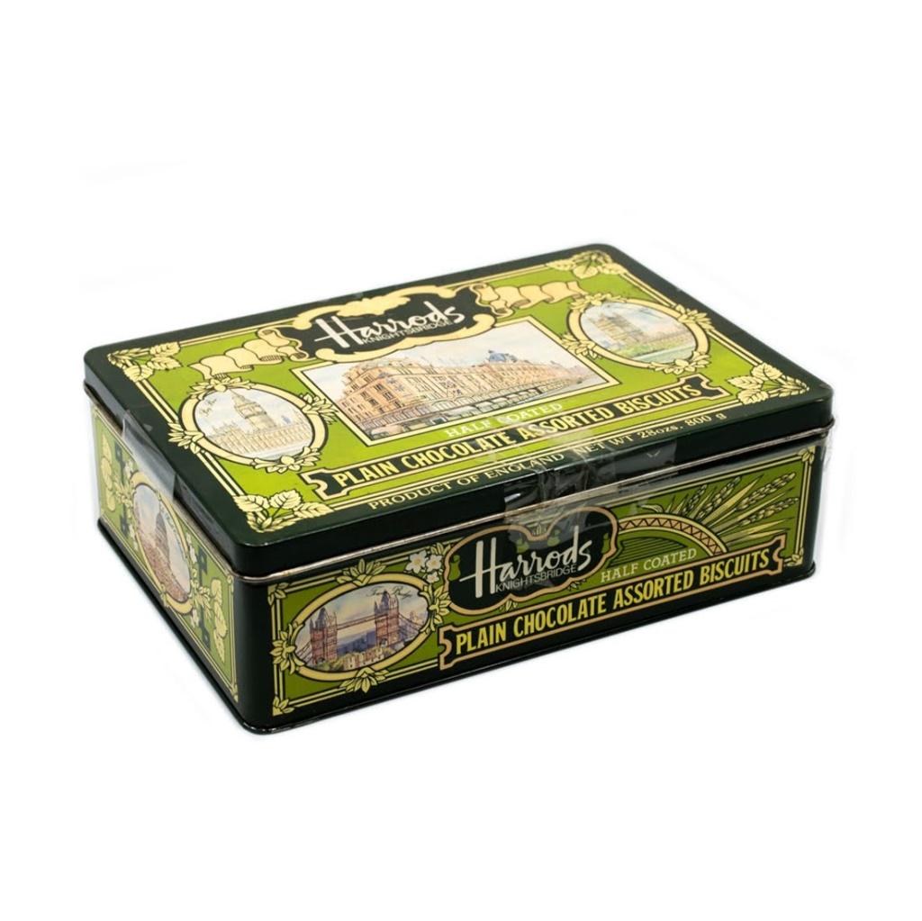 Harrods Knightsbridge Chocolate Covered Tea Biscuits: Harrods Knightsbridge Tin Box. Once contained chocolate covered tea biscuits. Measures 3" x 9.5" x 6.5".