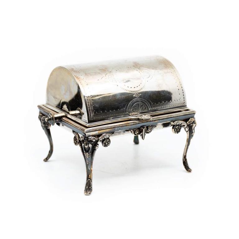 Edwardian Style Silver Roll Top Butter Dish: Edwardian style silver plated butter dish. Measures 6" x 8" x 5.5".