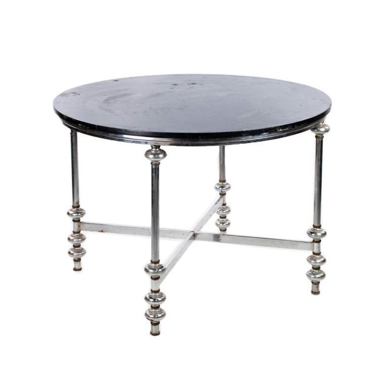 MCM Black Lacquered Metal Table: Mid Century Modern black lacquered round table with metal cross bar frame. Measures 26.5" x 37" x 37".