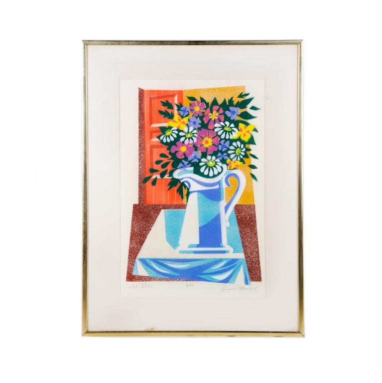 A vintage cubist chromolithograph on paper by Howard: A vintage cubist chromolithograph on paper by Howard Mandel titled "White Pitcher". This work depicts a bouquet of multi-colored flowers in a white pitcher atop a square table with a white table cloth