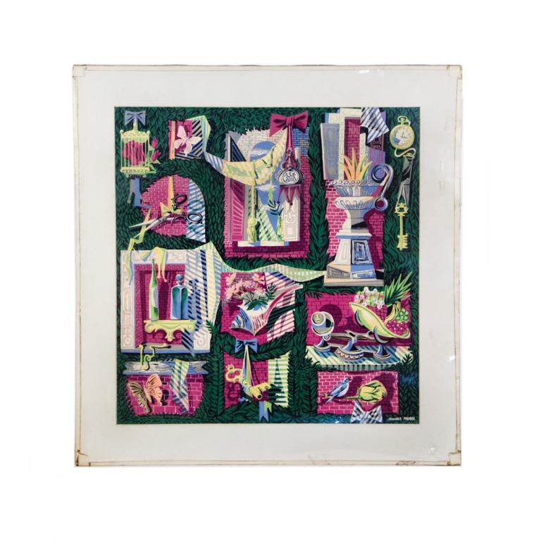 Cubist painting featuring abstract still life of an ivy: Cubist painting featuring abstract still life of an ivy covered wall of windows with objects inside. Signed in lower right. In protective plastic with matte. Overall dimensions: 30 x 29. Image dimensi