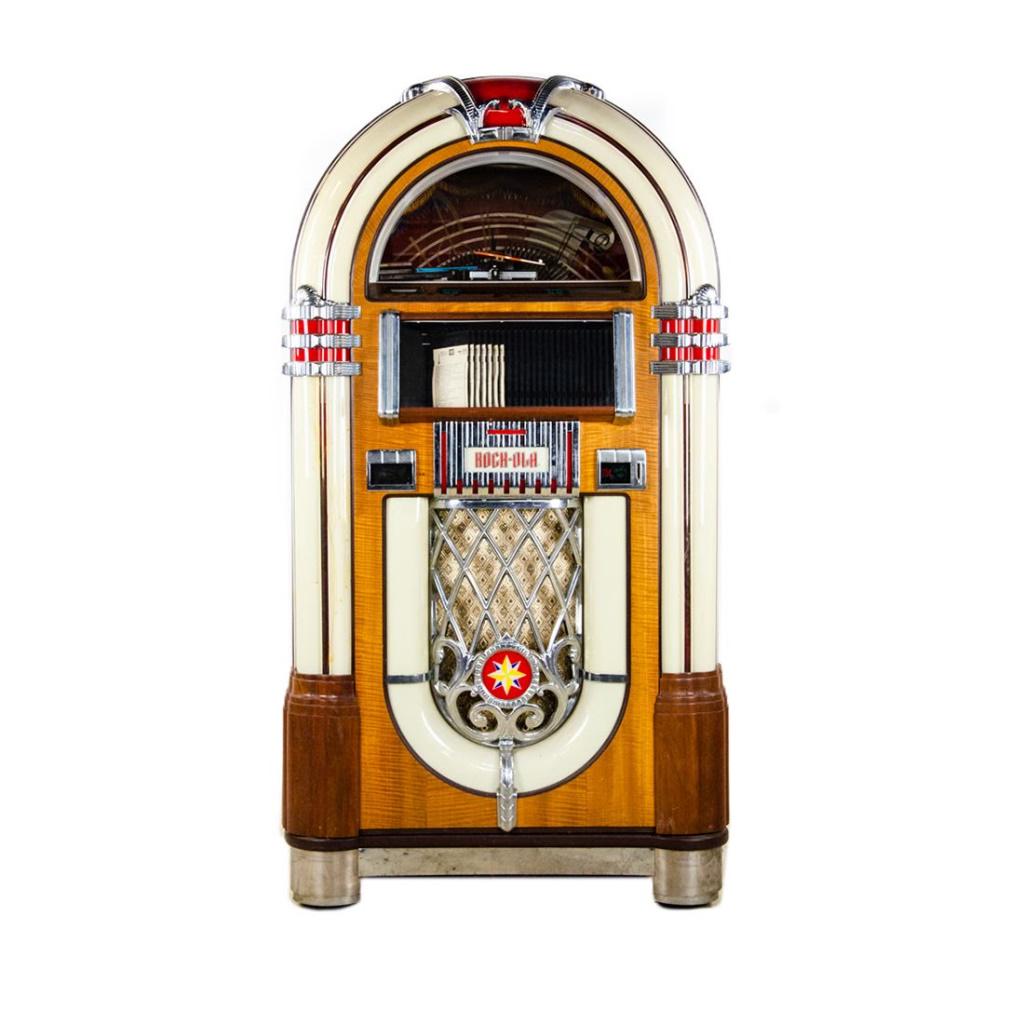A retro Rock-Ola CD-8 CD jukebox with cabinet made by: A retro Rock-Ola CD-8 CD jukebox with cabinet made by Antique Apparatus. The jukebox is functional, CD change and play and speakers sound great. The left facing bubbler is broken. Serial No. 204501. D