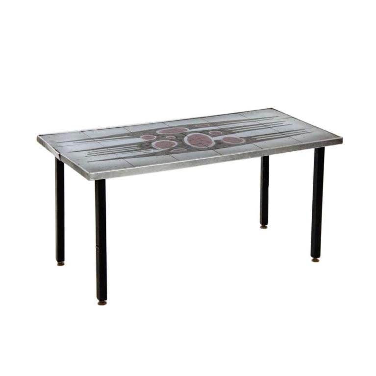 MCM tile-top abstract coffee/cocktail table with black,: MCM tile-top abstract coffee/cocktail table with black, red, and gray paint.