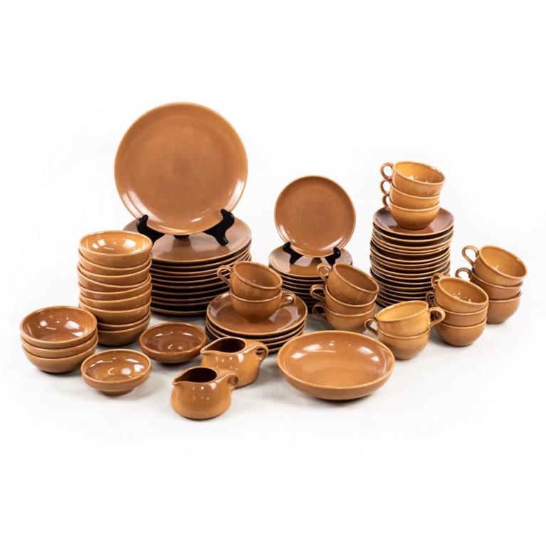 MCM 75 Piece Tan Porcelain Dining Set Iroquois Casual: Mid-century Modern 75 piece tan Iroquois Casual China set by Russel Wright. Each piece is marked on the back. Large plate // Saucer measures: 10" // 6.25".