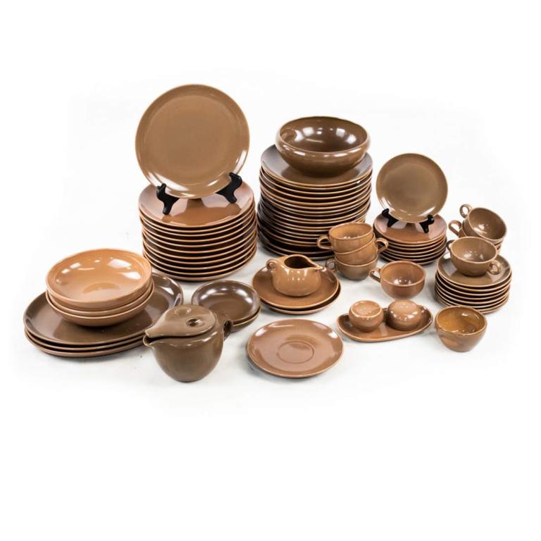 MCM 72 Piece Mocha Porcelain Dining Set Iroquois Casual: Mid-century Modern 72 piece mocha Iroquois Casual China set by Russel Wright. Each piece is marked on the back. Large plate // Saucer measures: 10" // 6.25".