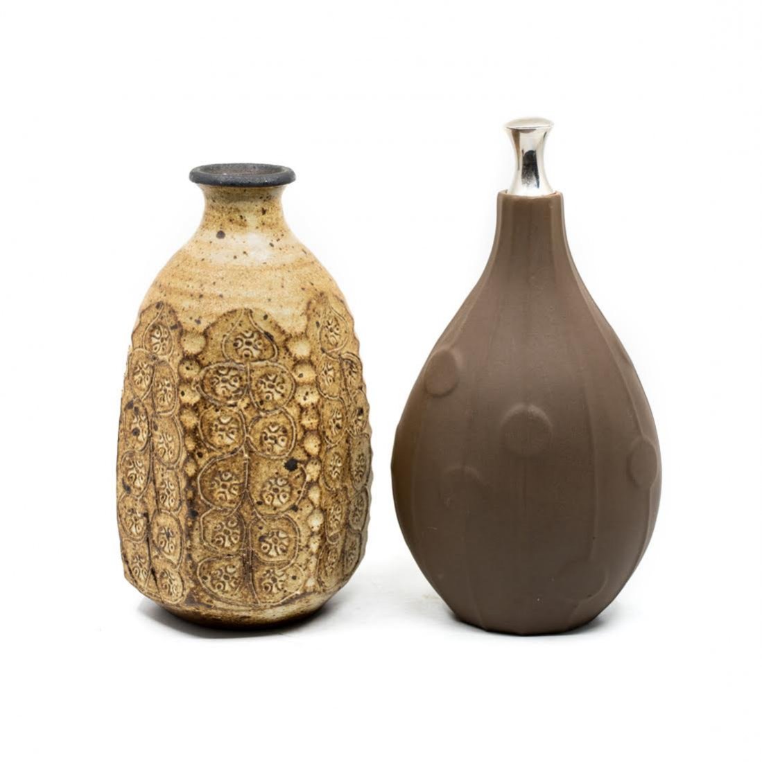 Group of 2: Jonathan Adler Pot A Porter Vase &: Group of two brown vases includes: Jonathan Adler Pot A Porter Vase with raised dot design and a Scandinavian embossed vase. Both pieces are signed at the bottom. Jonathan Adler Pot A Porter Vase meas