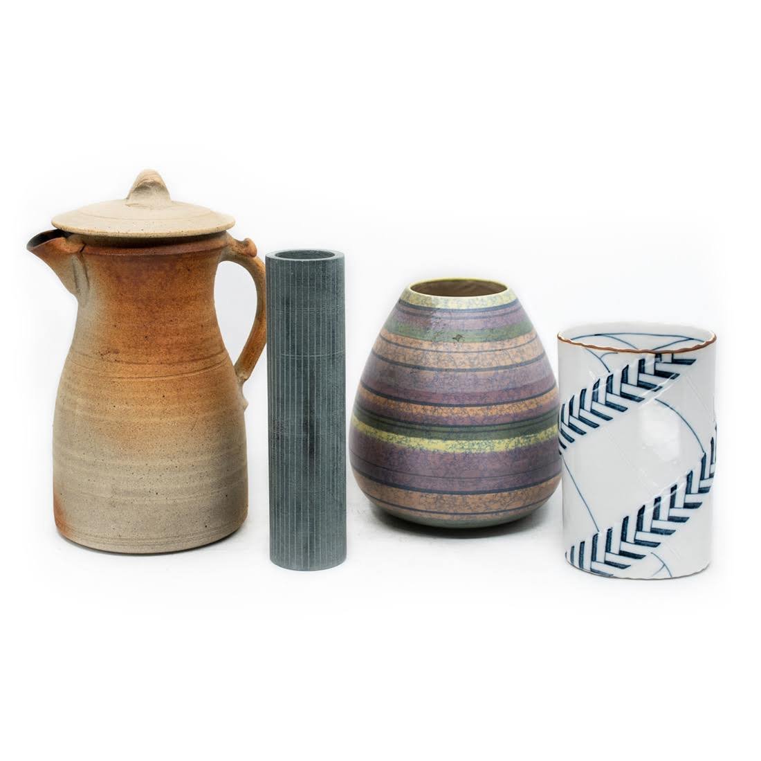 Group of 4 Ceramic Wares: Group of four ceramic wares includes pitcher, two vases, and one, "Armani Casa," bamboo design tea rose vase. Pitcher measures 9" x 5.25".