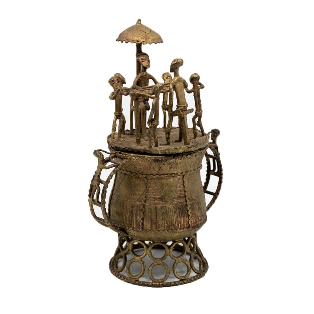 Benin Gilded Bronze Vessel with Figurative Lid: Benin bronze vessel with figurative lid. Measures 11" x 7.5".