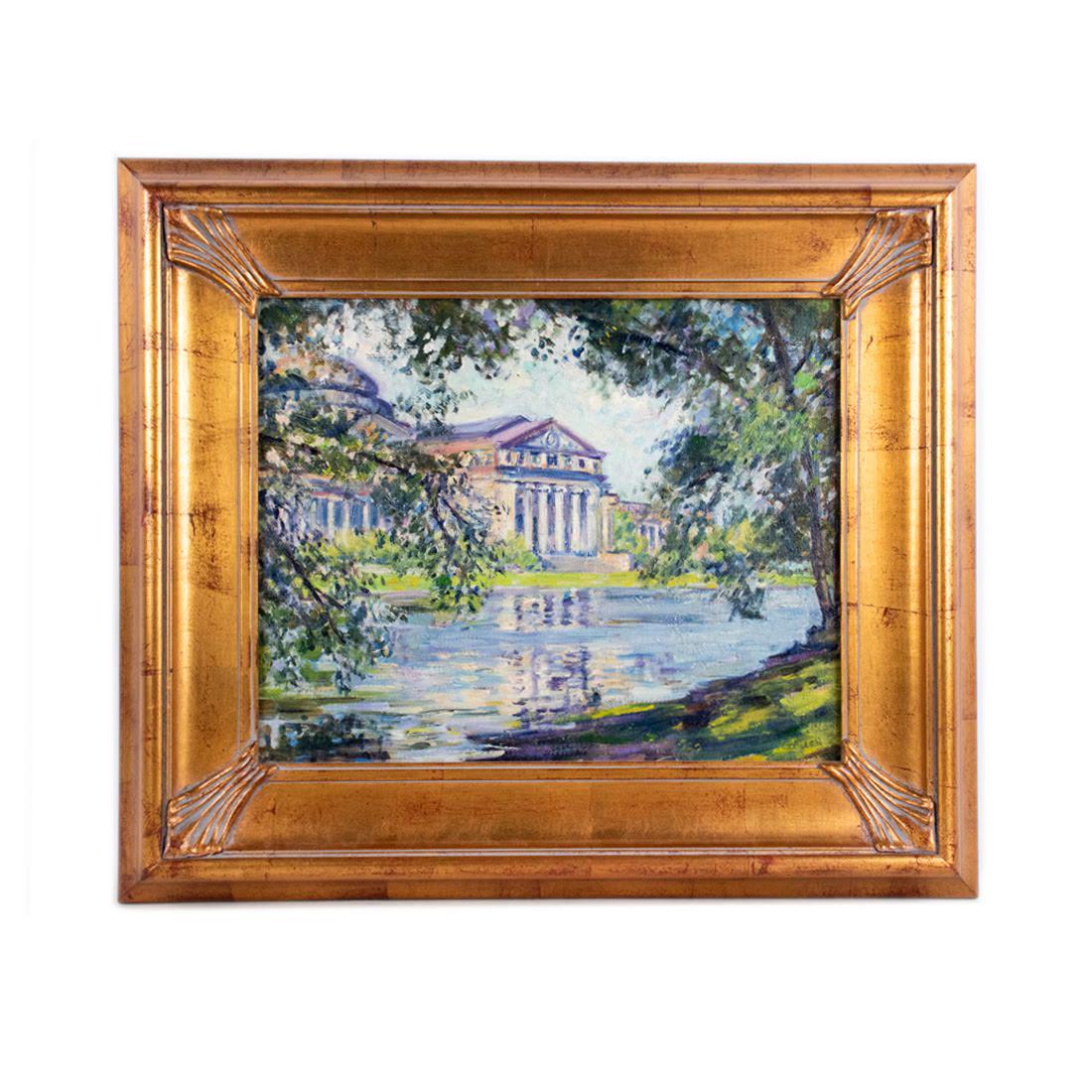 Greta Allen O/C MIT Killian Court and The Great Dome: Greta Allen (Massachusetts, 1881-1921) oil on canvas depicting Killian Court and The Great Dome on the campus of MIT (Massachusetts Institute of Technology). Signed G. Allen lower right. Dimensions (s